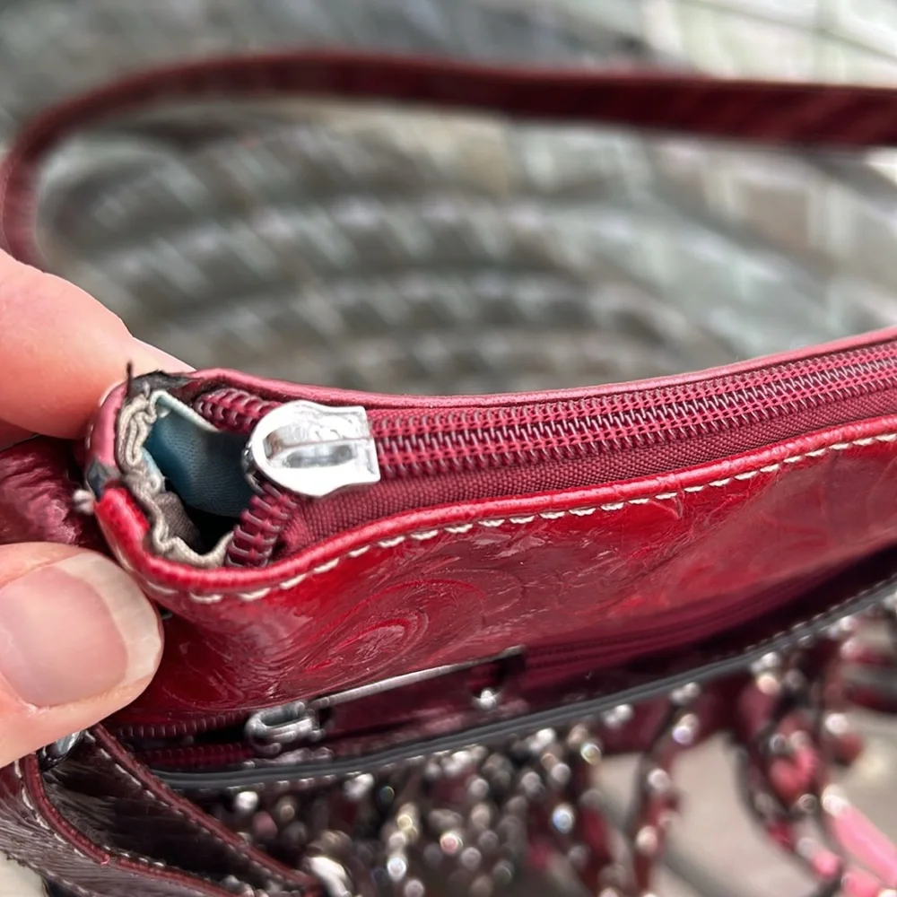 Western Faux Leather Fringe Purse‎ Rhinestones Studded Embossed Cowgirl Red